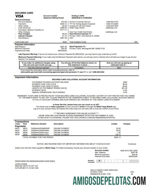 Exemplo de extrato de cartão de crédito do Wells Fargo Bank dos EUA